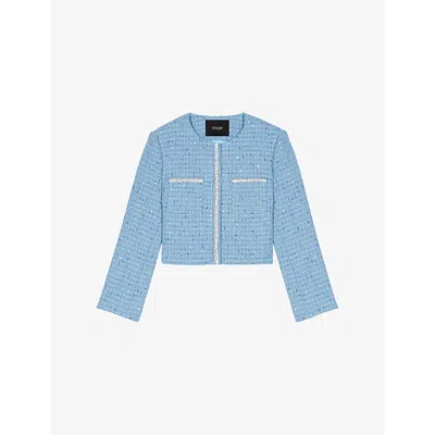 MAJE WOMENS CHEST-POCKET TWEED WOVEN JACKET BLEUS