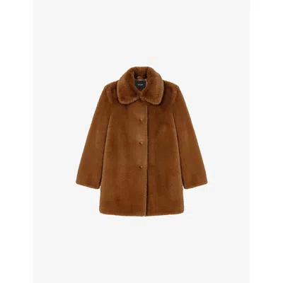MAJE WOMENS BROWN COLLARED MID-LENGTH FAUX-FUR COAT