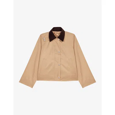 MAJE WOMENS CAMEL CONTRAST-COLLAR TRAPEZE COTTON-BLEND JACKET