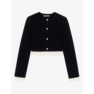 Maje Womens  Contrast-trim Cropped Woven Cardigan In Black
