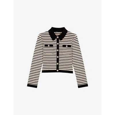 Maje Womens Bleus Cropped Stripe Ribbed-knit Cardigan