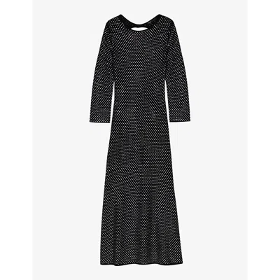MAJE WOMENS NOIR / GRIS CRYSTAL-EMBELLISHED LONG-SLEEVE STRETCH-KNIT MIDI DRESS