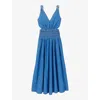 Maje Womens Bleus Cut-out Smocked-waist Denim Maxi Dress In Bleus