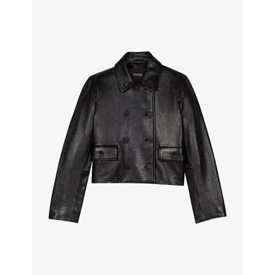 MAJE WOMENS NOIR / GRIS DOUBLE-BREASTED SIDE-POCKET LEATHER JACKET