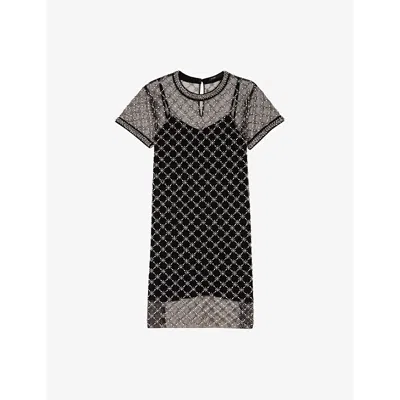 Maje Womens  Embellished Round-neck Short-sleeve Tulle Mini Dress In Noir / Gris