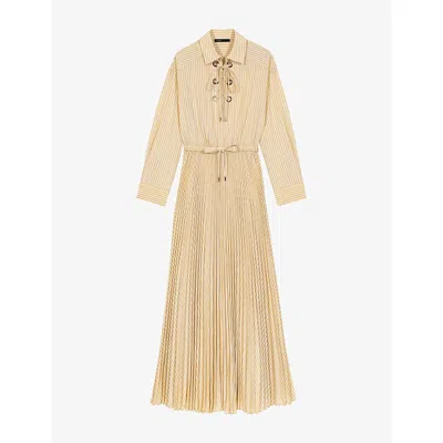 Maje Womens  Eyelet-embellished Pleated Woven Maxi Dress In Brown