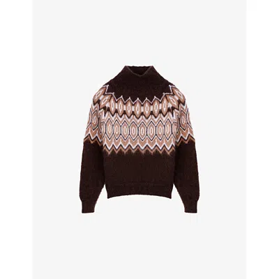 MAJE WOMENS DARK BROWN FAIRISLE HIGH-NECK MOHAIR-BLEND JUMPER
