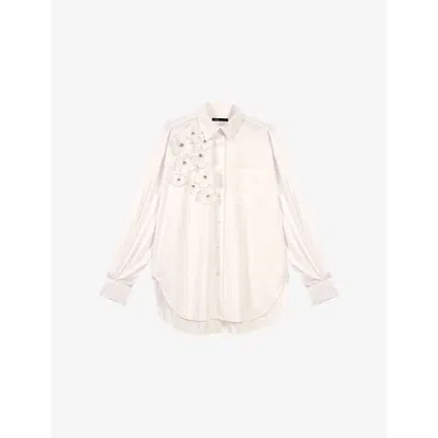 MAJE WOMENS FLORAL-APPLIQUÉ RELAXED-FIT COTTON SHIRT BLANC