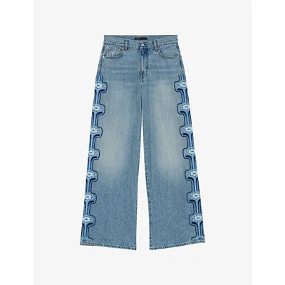 Maje Womens Blue Floral-embroidered Wide-leg Denim Jeans