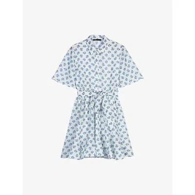 Maje Womens Blue Small Flowers Print Floral-print Short-sleeved Linen-blend Mini Dress In Multi