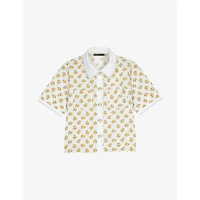 Maje Womens Yellow Small Flowers Floral-print Short-sleeved Lyocell-blend Shirt In Brown