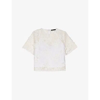 Maje Womens Flower-embroidered Short-sleeve Woven Top Blanc