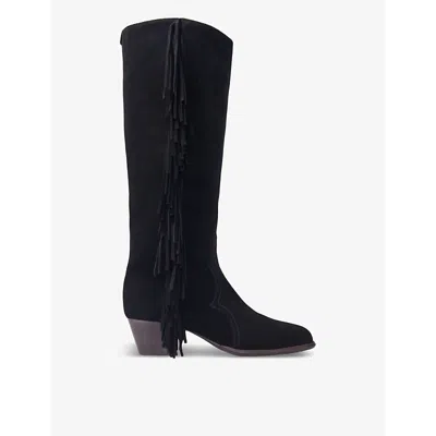 MAJE WOMENS NOIR / GRIS FRINGED-TRIM SUEDE KNEE-HIGH BOOTS EUR 36 / 3 UK