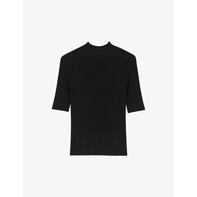 Maje Womens  High-neck Short-sleeve Stretch-cotton Jumper In Noir / Gris