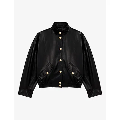 Maje Womens  High-neck Relaxed-fit Leather Jacket In Black