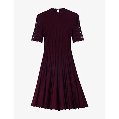 Maje Womens  High-neck Short-sleeve Stretch-knit Mini Dress In Burgundy