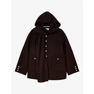 Maje Womens  Hooded Button-down Wool-blend Scarf Jacket In Brown