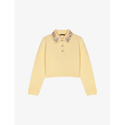 Maje Womens  Jewellery-collar Cropped Cotton-fleece Sweatshirt In Jaunes / Oranges
