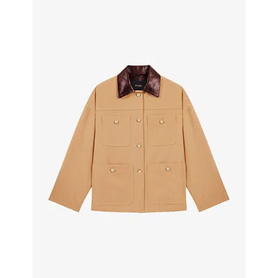 MAJE WOMENS NATURELS LEATHER-COLLAR MULTI-POCKET COTTON COAT