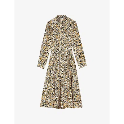 Maje Womens  Leopard-print Long-sleeved Cotton Midi Dress In Marron/brown