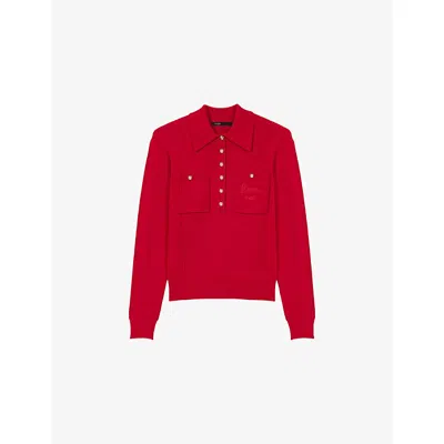 MAJE WOMENS MAJE LOGO-EMBROIDERED LONG-SLEEVE WOOL-BLEND POLO