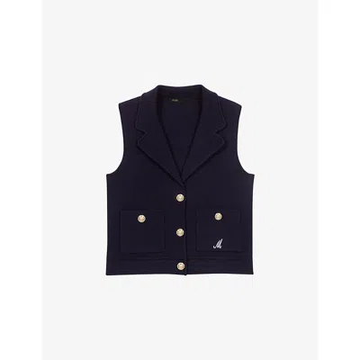 Maje Womens Navy Logo-embroidered Notch-lapel Stretch-knit Waistcoat In Blue