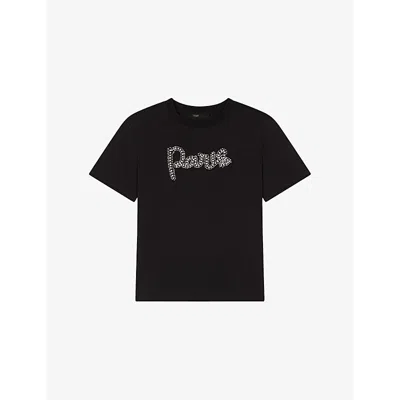 Maje Womens  Logo-embroidered Short-sleeve Cotton T-shirt In Noir / Gris