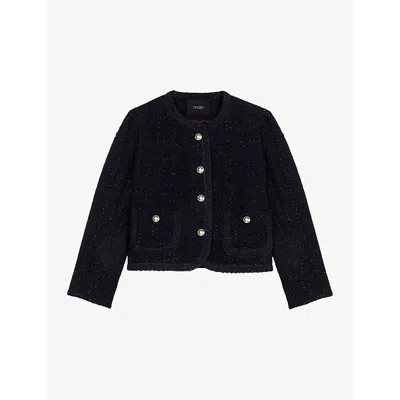 Maje Womens  Metallic-embellished Cropped Tweed Jacket In Noir / Gris