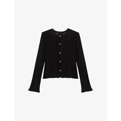 MAJE WOMENS NOIR / GRIS OPEN-WORK LONG-SLEEVE STRETCH-KNIT CARDIGAN