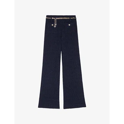 Maje Womens Patch-pocket High-rise Wide-leg Tweed Trousers Bleus