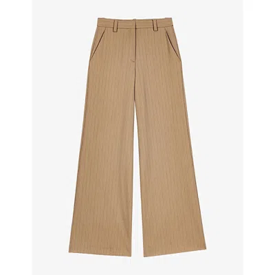 Maje Womens  Pinstriped Flared-leg High-rise Wool-blend Trousers In Beige