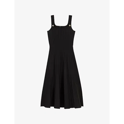 Maje Womens  Pleated Scoop-neck Knitted Midi Dress In Noir / Gris