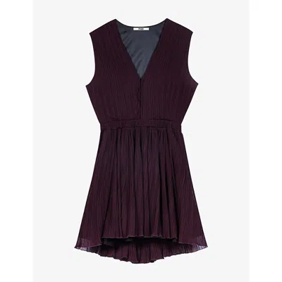 Maje Womens  Pleated V-neck Woven Mini Dress In Eggplant