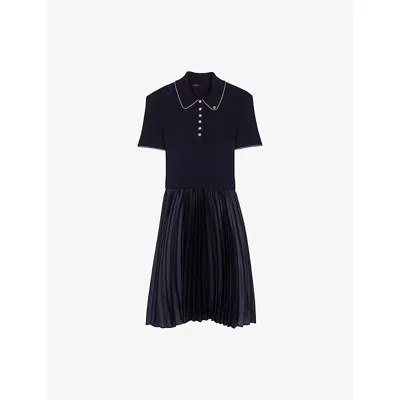 Maje Womens Navy Polo-collar Pleated Stretch-woven Mini Dress In Blue