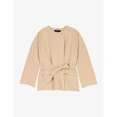 Maje Womens Removable-scarf Belted-waist Wool-blend Coat Naturels