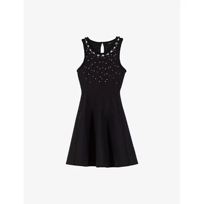 MAJE WOMENS BLACK RHINESTONE-EMBELLISHED FLARED-SKIRT KNITTED MINI DRESS