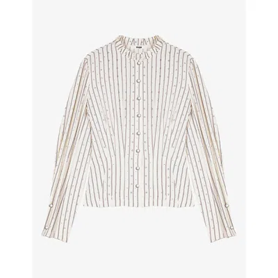 Maje Womens  Rhinestone Ruffled-neck Cotton-blend Shirt In Neutral