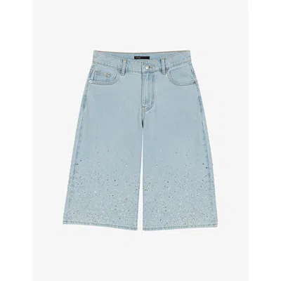 Maje Womens Blue Sky Rhinestone-embellished Denim Bermuda Shorts