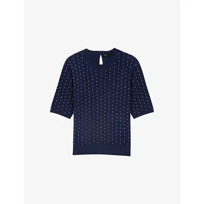 Maje Womens Navy Rhinestone-embellished Knitted Cotton-blend Jumper In Blue