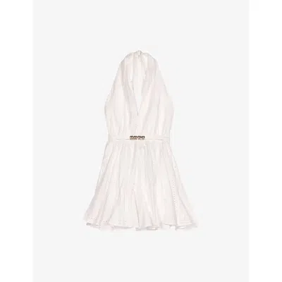 Maje Womens White Ring-embellished Halter-neck Embroidered Cotton Mini Dress