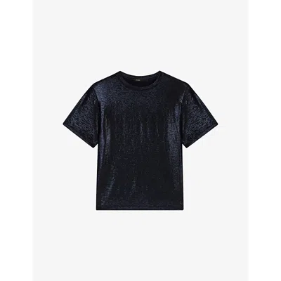 Maje Womens  Round-neck Stretch-woven T-shirt In Noir / Gris