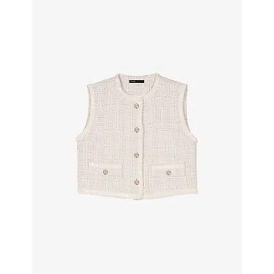 Maje Womens Round-neck Tweed Woven Waistcoat Blanc