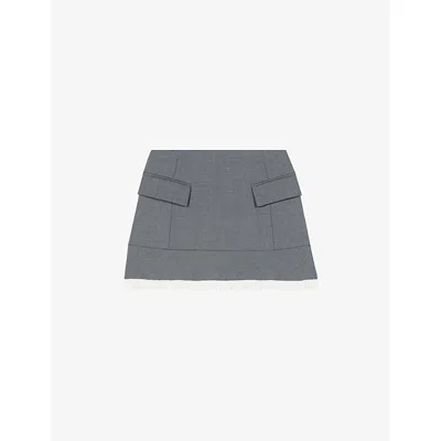 Maje Womens  Ruffle-hem Poplin Wool-blend Mini Skirt In Gray