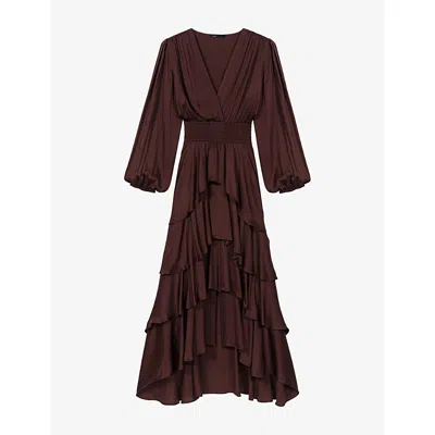 Maje Womens Brown Ruffled V-neck Woven Maxi Dress