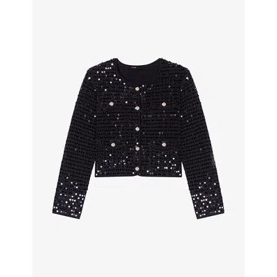 Maje Womens  Sequin-embellished Button-down Stretch-woven Cardigan In Noir / Gris