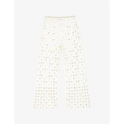 Maje Womens White Sequin-embellished Wide-leg Crochet Trousers In Multi