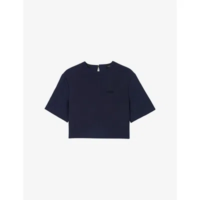 Maje Womens Navy Short Logo-embroidered Stretch-crepe Top In Blue