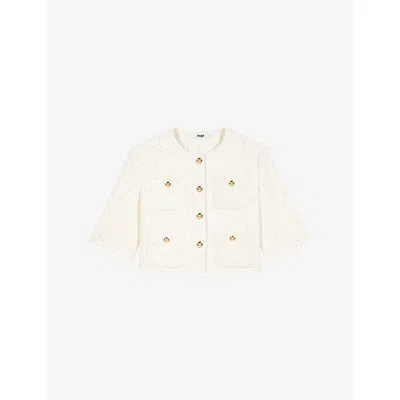 Maje Womens Ecru Short-sleeve Cropped Tweed Jacket In Sand