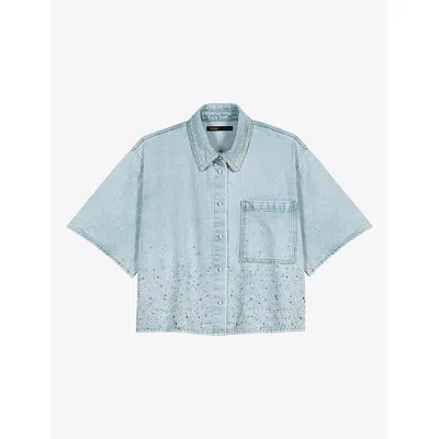 Maje Womens Blue Sky Short-sleeved Rhinestone-embellished Denim Shirt