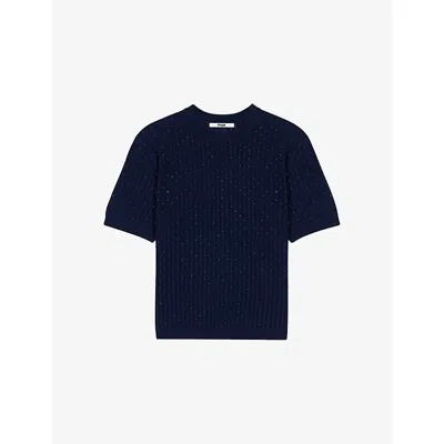 Maje Womens  Short-sleeved Rhinestone-embellished Wool-blend Jumper In Navy